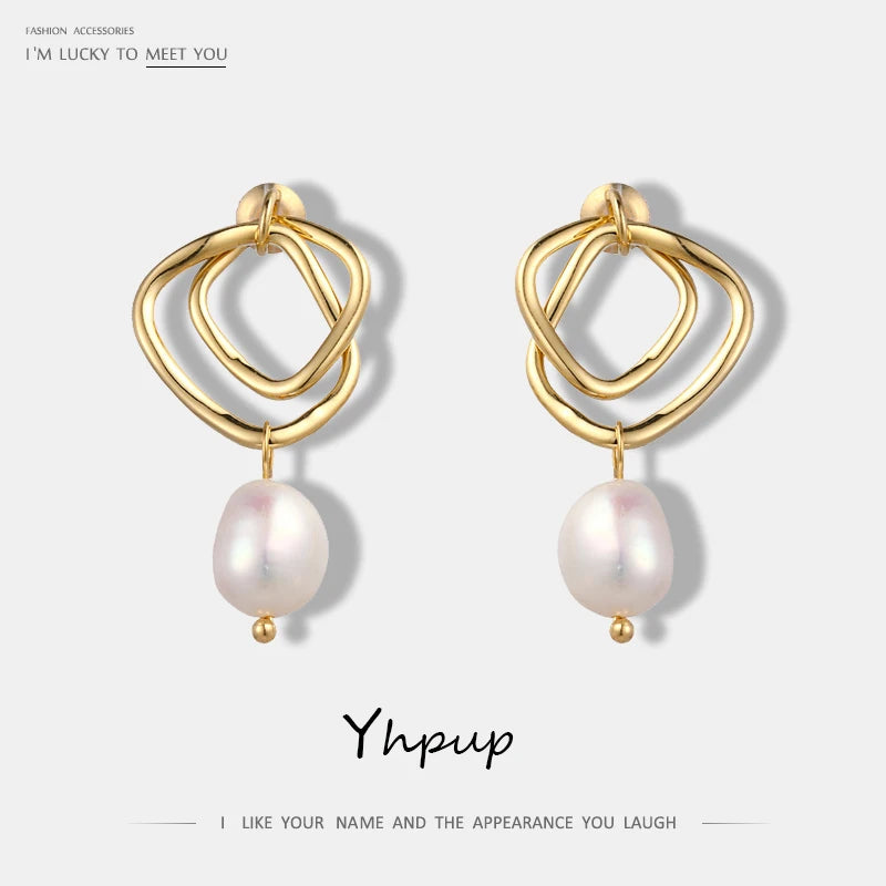 Yhpup Fashion Charm Geometric Drop Natural Pearl Earrings Korean Fashion Minimalist Exquisite Earrings Jewelry for Women Gift